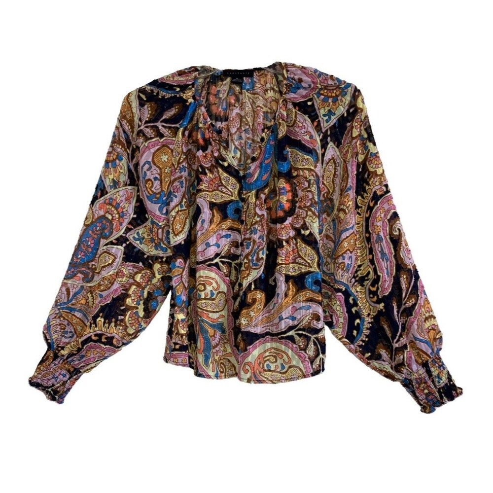 SANCTUARY ANTHROPOLOGIE XS Floral Paisley Flowy Top Button Long Sleeve Loose Fit
